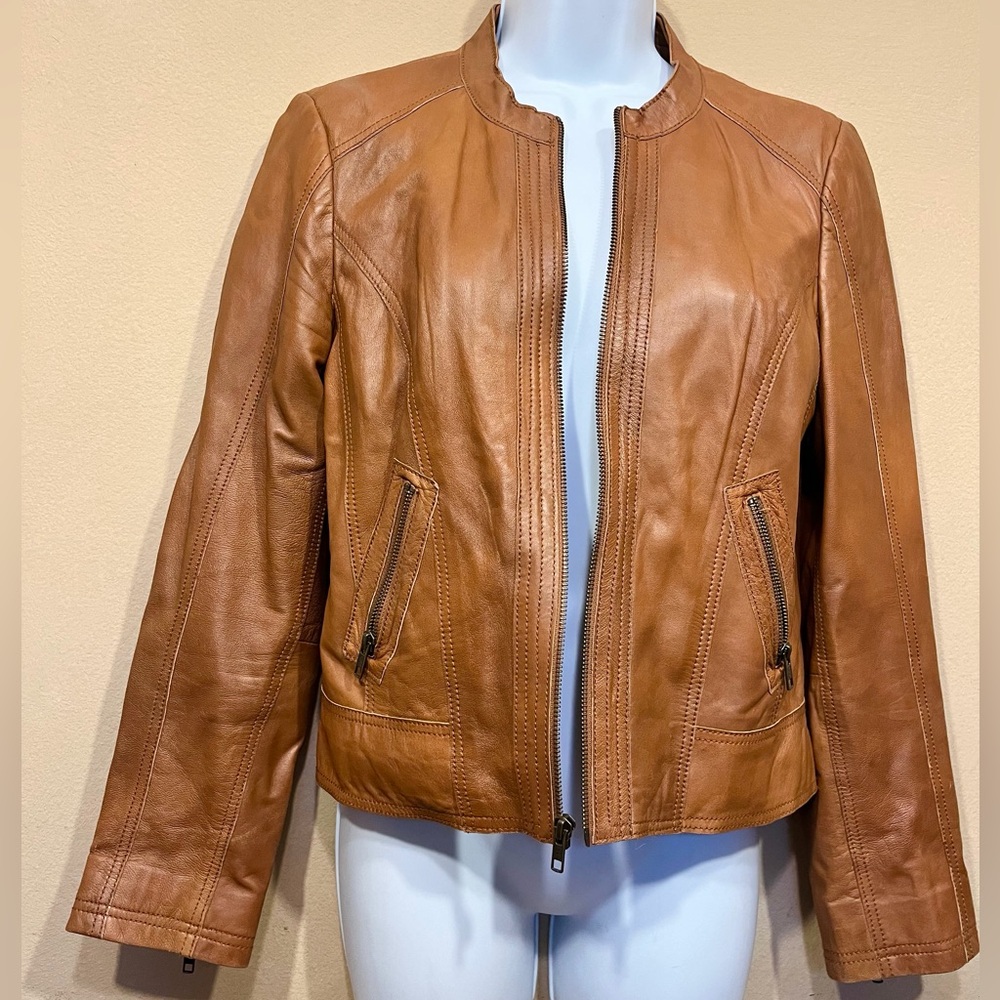 Halogen Structured Cropped Leather Jacket - image 1